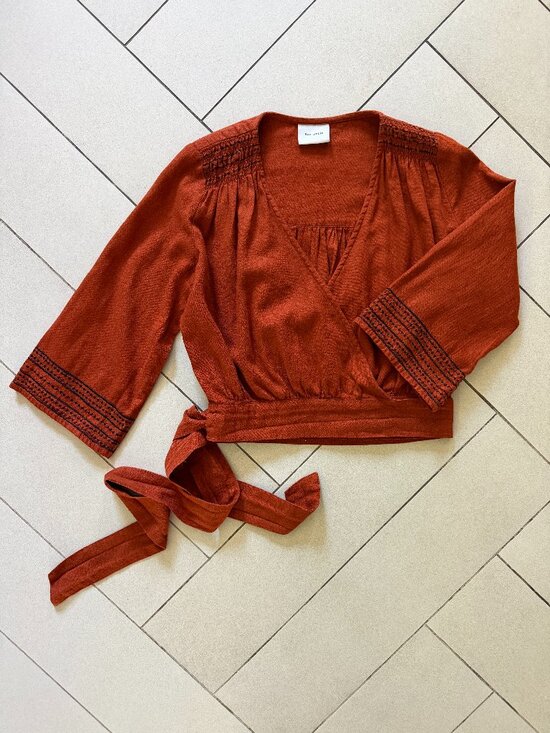 Rue Stiic Tops - Rue Stiic Rust & Black Linen Embroidered Wrap Top Small Boho Festival Top